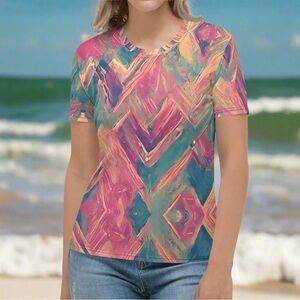 Pink Teal Chevron Painted Women’s T-Shirt NWOT
